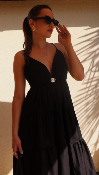 ROBE LONGUE EN COTON - BROCHE SOLEIL - NOIR