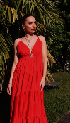 ROBE LONGUE COTON - BROCHE SOLEIL - ROUGE 