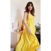 ROBE LONGUE EN COTON - BROCHE SOLEIL - JAUNE