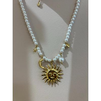 COLLIER PERLES BLANCHES - SOLEIL ET LUNE - ACIER INOXYDABLE