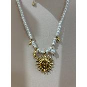 COLLIER PERLES BLANCHES - SOLEIL ET LUNE - ACIER INOXYDABLE