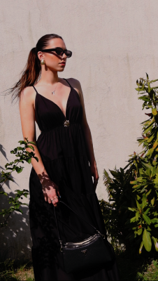 ROBE LONGUE EN COTON - BROCHE SOLEIL - NOIR