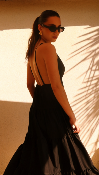 ROBE LONGUE EN COTON - BROCHE SOLEIL - NOIR
