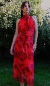 ROBE LONGUE - IMPRIME ROUGE - DRAPE SUR LA TAILLE