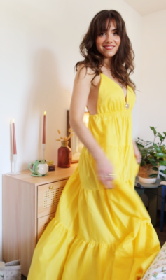 ROBE LONGUE EN COTON - BROCHE SOLEIL - JAUNE