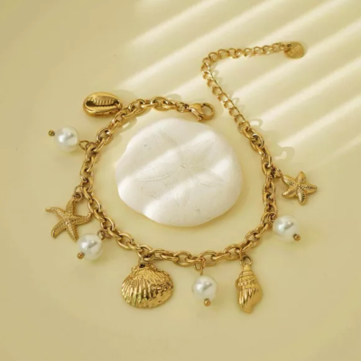 BRACELET - BRELOQUES COQUILLAGES - ACIER INOXYDABLE
