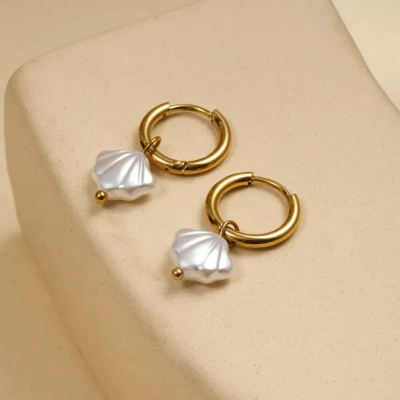 BOUCLES D'OREILLES - PERLE COQUILLAGE - ACIER INOXYDABLE