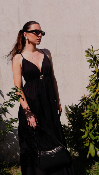 ROBE LONGUE EN COTON - BROCHE SOLEIL - NOIR