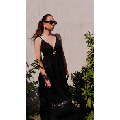 ROBE LONGUE EN COTON - BROCHE SOLEIL - NOIR